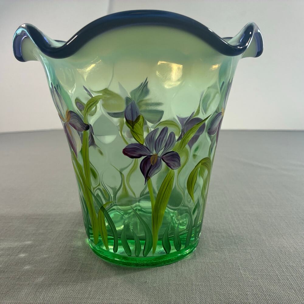 Fenton Designer Showcase Hand Painted Iris Art Glass Vase Martha Reynolds 6"